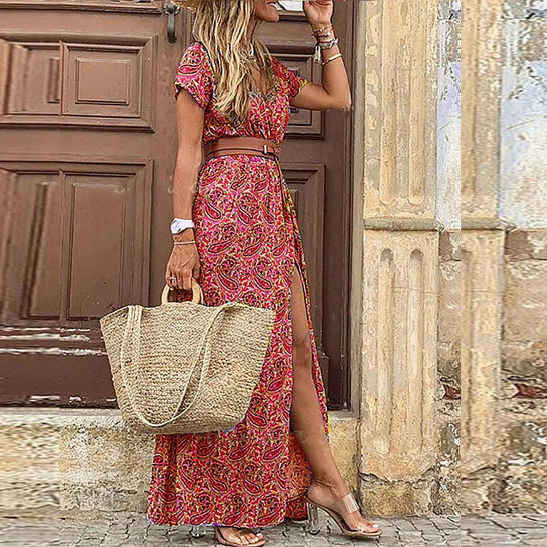 Drina | Long bohemian dress with gathered waist
